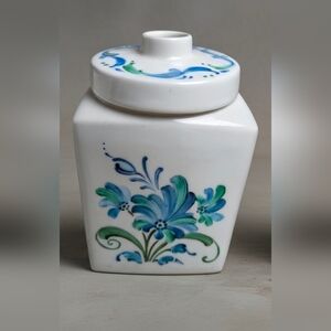 Floral Ceramic Jar with Blue and Green Design